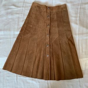 Brown Suede Midi Pleated Skirt